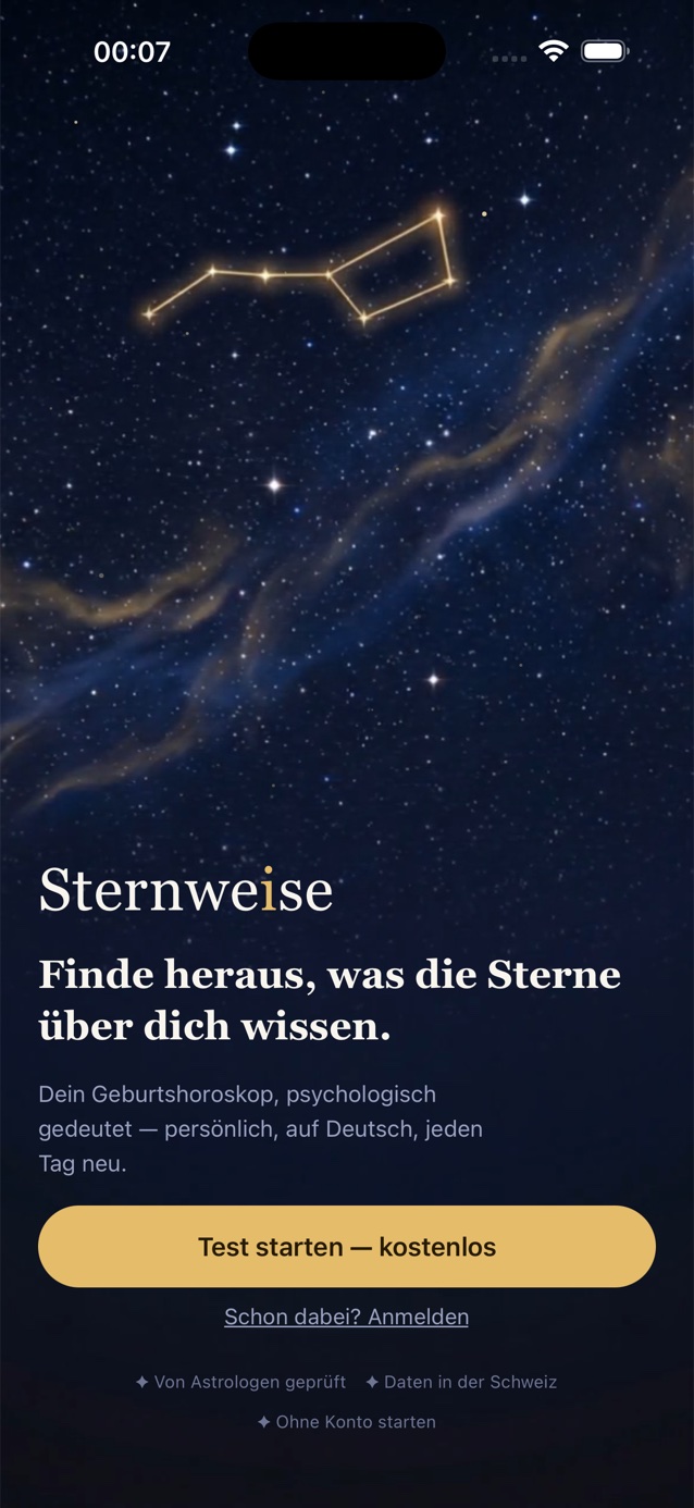 Sternweise App — Startbildschirm mit Nachthimmel